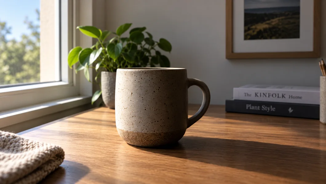 Avant : tasse près d’une fenêtre, avec une ombre dense sur son côté droit.