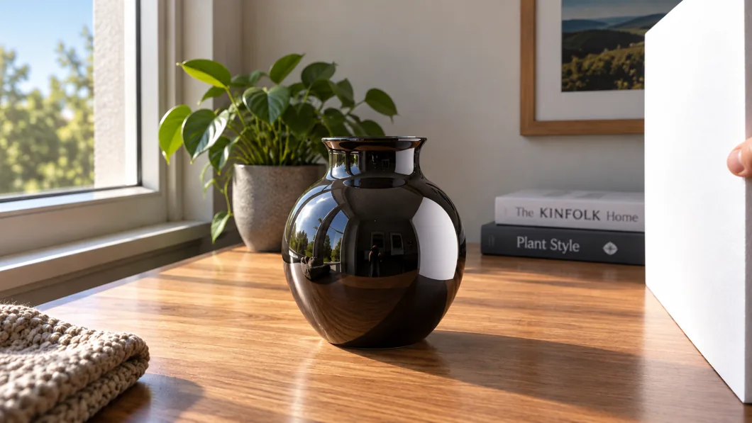 Après : une surface blanche crée un reflet plus simple sur le vase brillant.