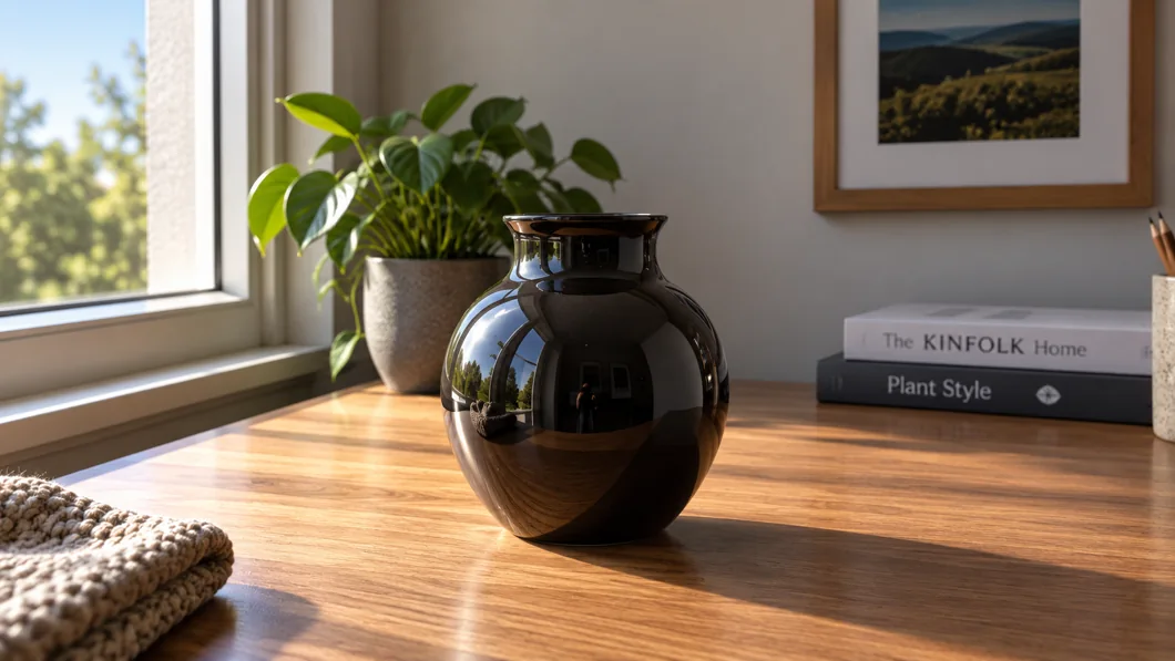 Avant : un vase brillant reflète plusieurs éléments de la pièce.