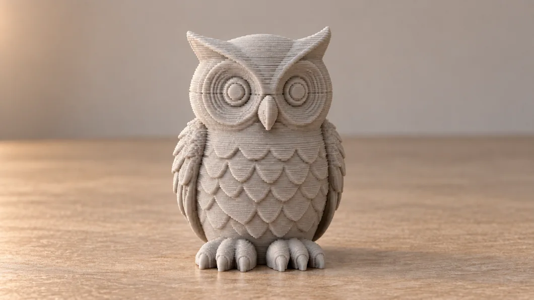 Après : une lumière plus douce révèle le volume de la même chouette imprimée en 3D.