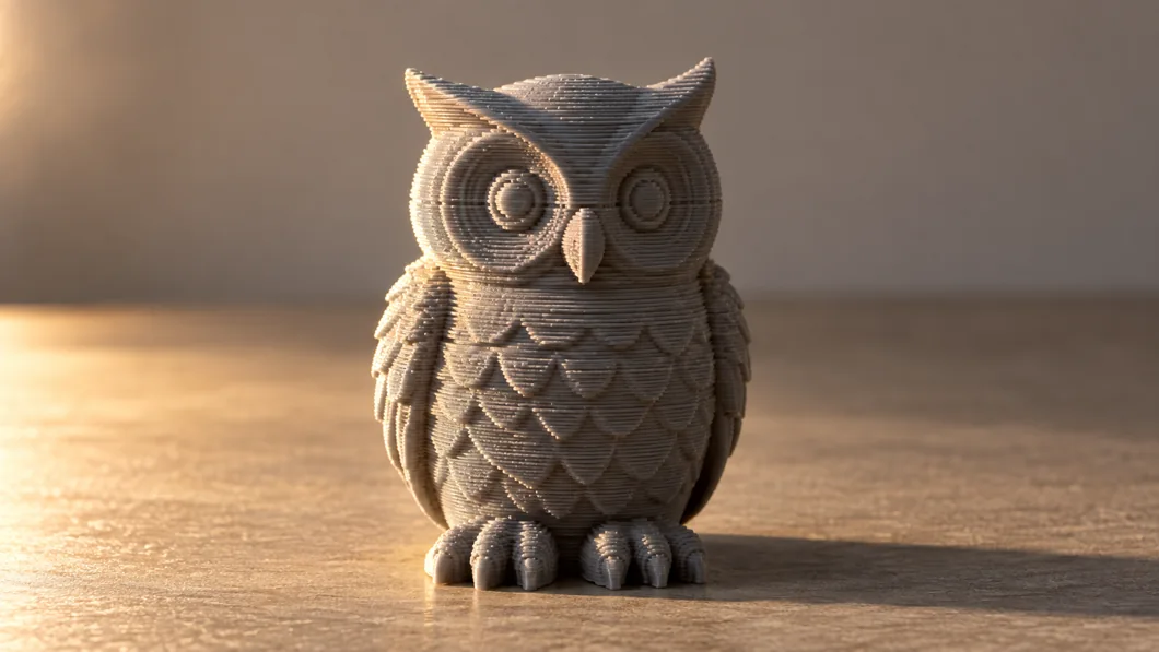 Avant : une lumière marquée accentue les lignes de couche d’une chouette imprimée en 3D.
