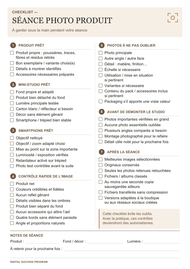 Aperçu de la checklist de séance photo.