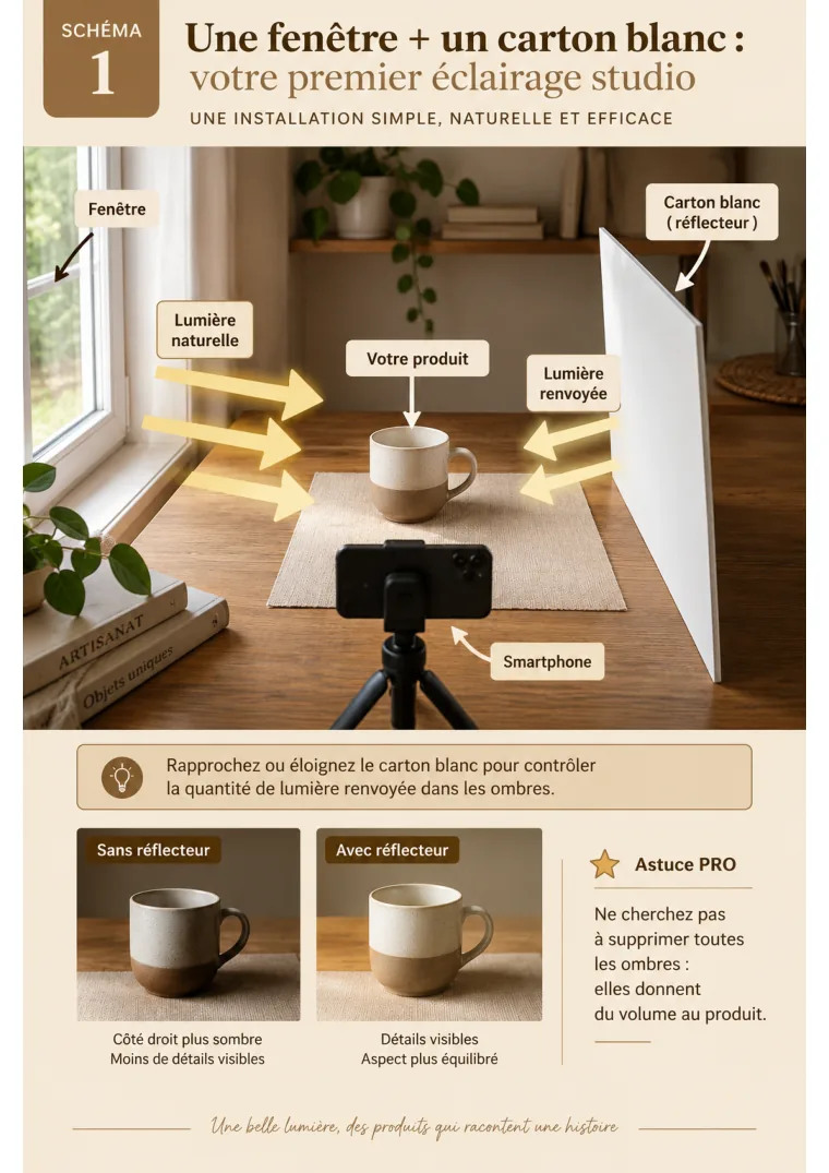 Aperçu du premier schéma lumière maison, avec une fenêtre et un réflecteur blanc.